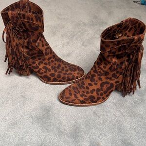 Leopard Print Fringe Ankle Boots
